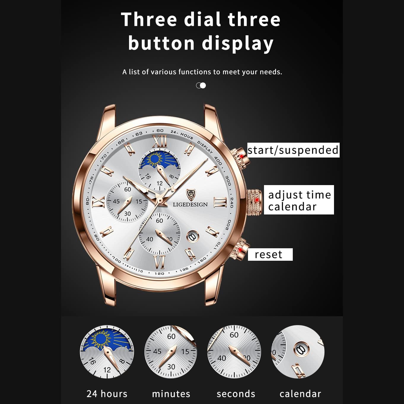 Men Casual Waterproof Roman Numerals Leather Band Analog Quartz Wristwatches with Chronograph Calender Business Watch