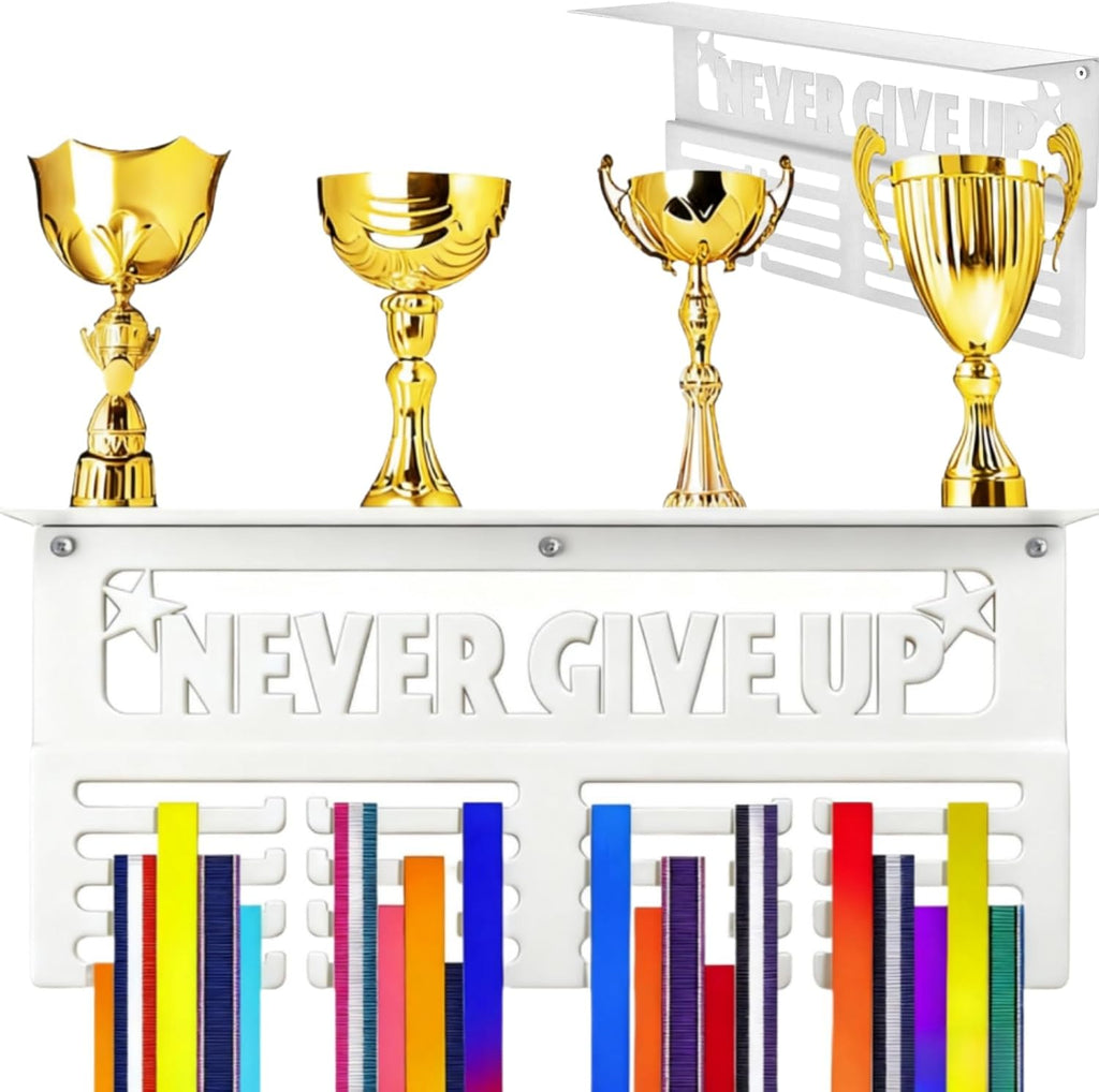 16" White Medal Hanger Display with Trophy Shelf, Holds 64+ Medals, Never Give Up Heavy Duty Metal Wall Mounted Award