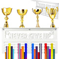 16" White Medal Hanger Display with Trophy Shelf, Holds 64+ Medals, Never Give Up Heavy Duty Metal Wall Mounted Award