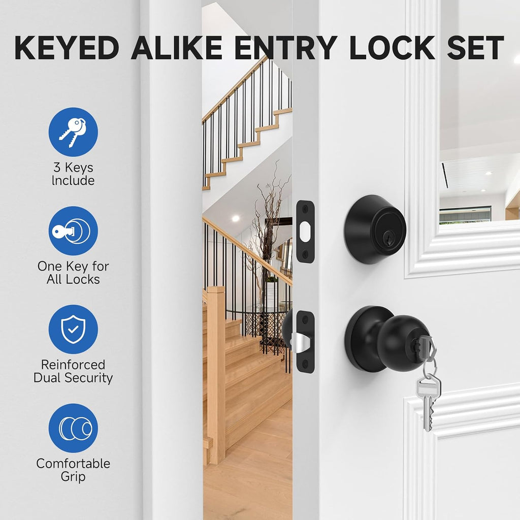 2 Pack Exterior Door Lock Set Matte Black Door Locks for Front Door | Keyed Alike Deadbolt Lock, Stainless Steel