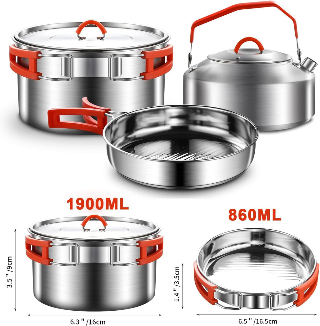 304 Stainless Steel Camping Cookware Set - Mess Kit with Pots, Pans, Kettle, Plates, Forks, Knives, Spoons for 2