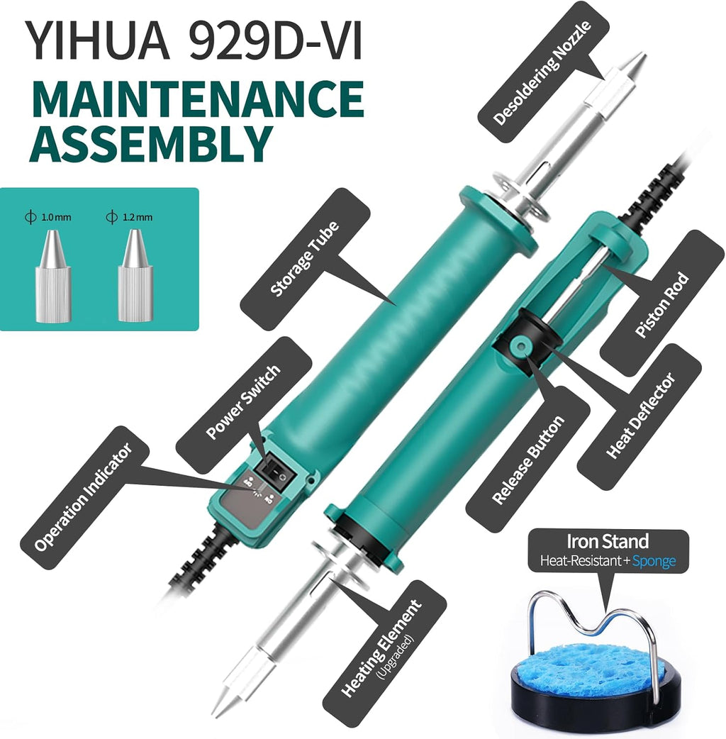 YIHUA 929D VI Temperature Controlled Electric Desoldering Iron with Upgraded Performance Heated Solder Sucker Tool with 3 Nozzles Soldering Iron Pump Function