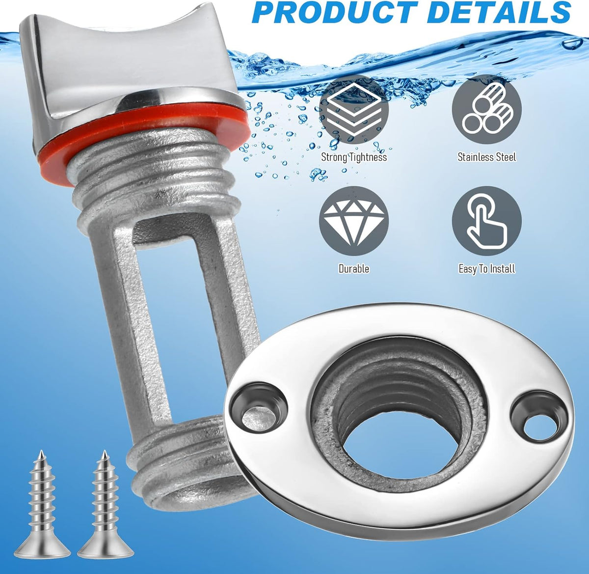Ripeng 2 Pcs 3/4" Thread Boat Drain Plug Kit 316 Stainless Steel, Red