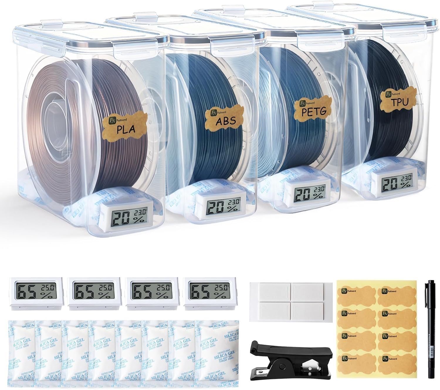 Filament Storage Box - 4 Pack 4L 3D Printer Filament Containers with 4 Hygrometers, Airtight Dry Boxes for Sealing