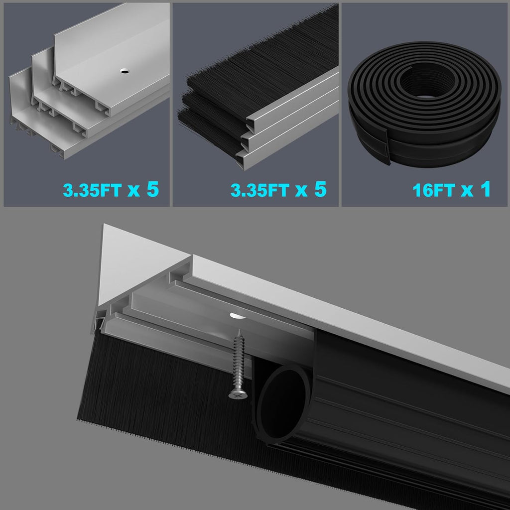 Garage Door Seal Kits, Weatherproofing Garage Door Bottom Seal Rubber with Pre-Drilled Aluminum Track Retainer &
