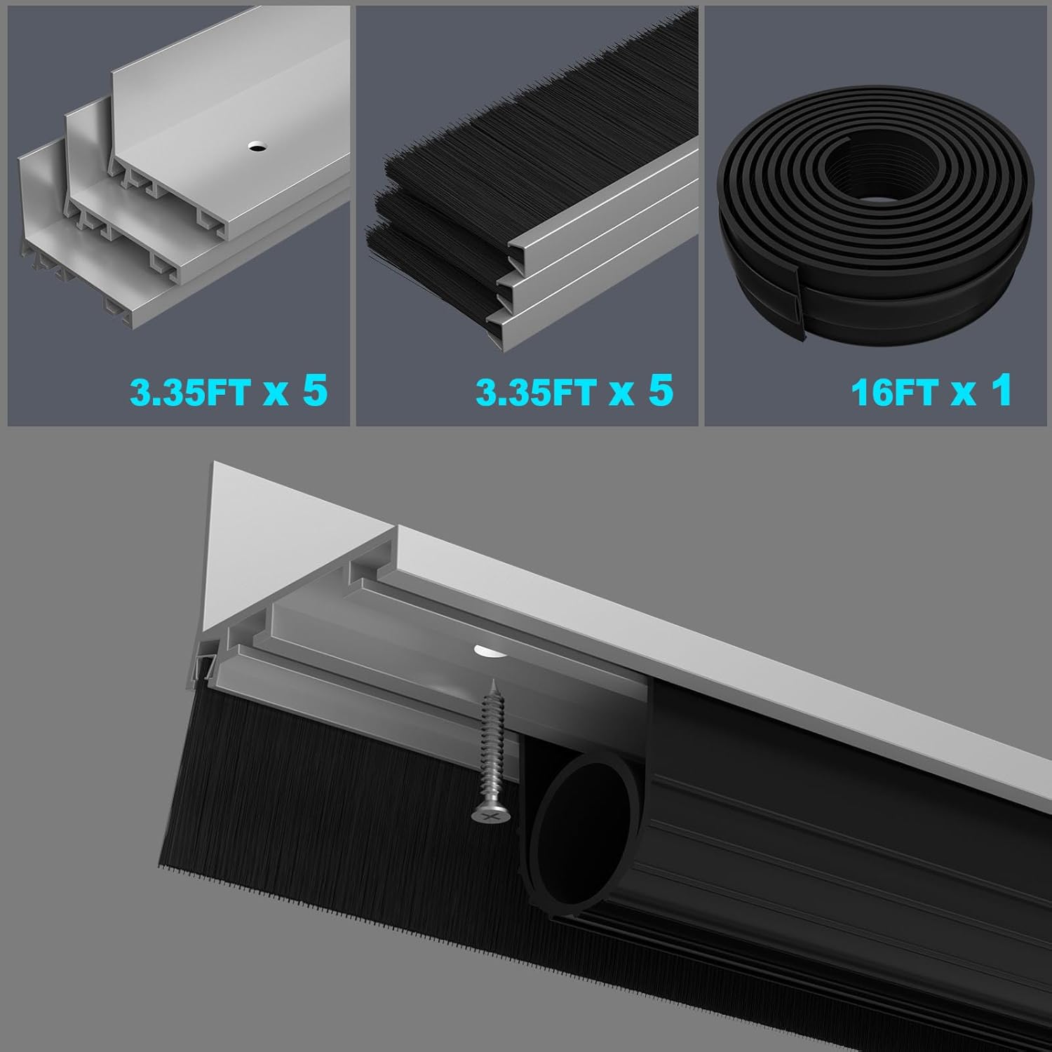 Garage Door Seal Kits, Weatherproofing Garage Door Bottom Seal Rubber with Pre-Drilled Aluminum Track Retainer &