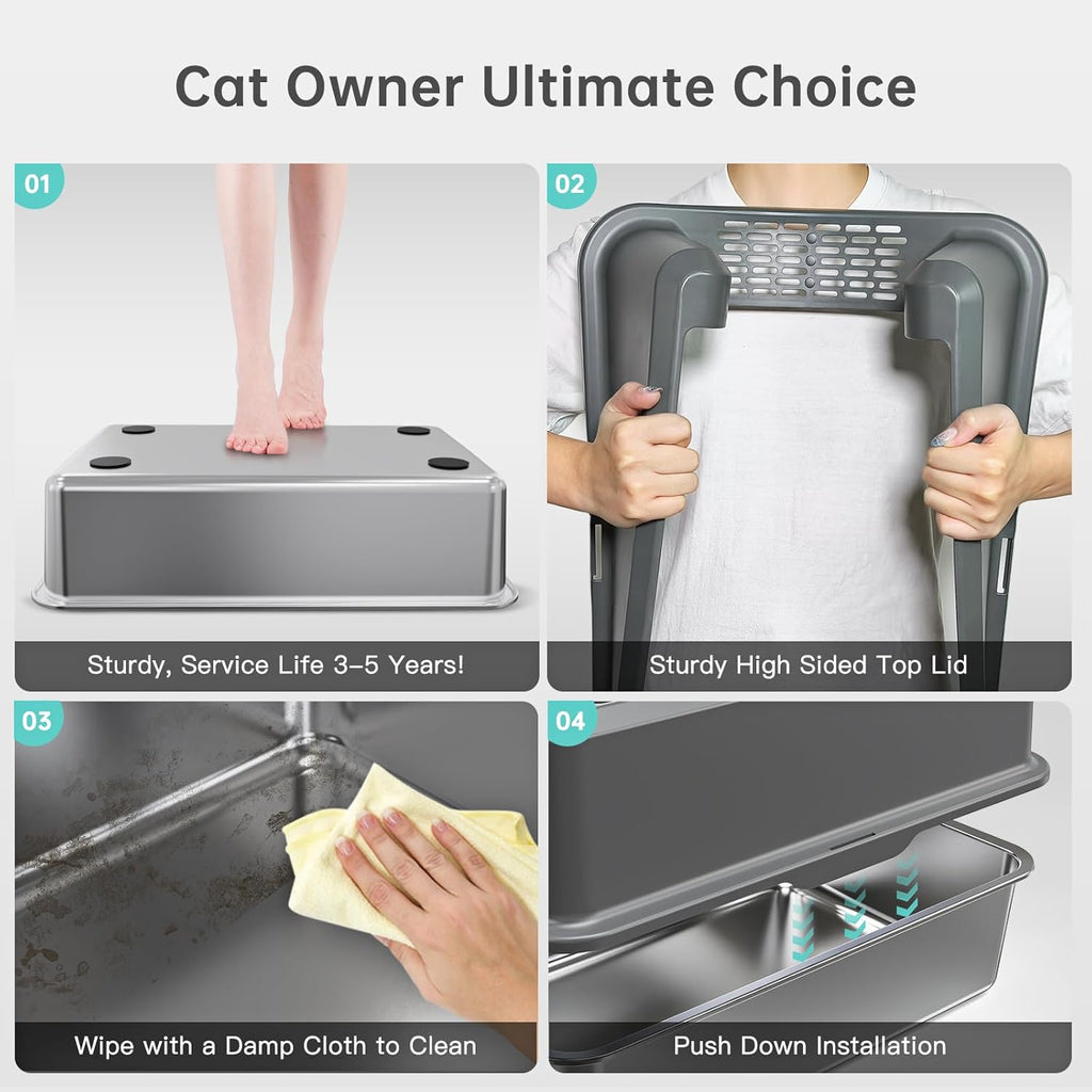 Enclosed Stainless Steel Cat Litter Box with Lid, XL Extra Large Litter Box for Big Cats, Metal Litter Pan High