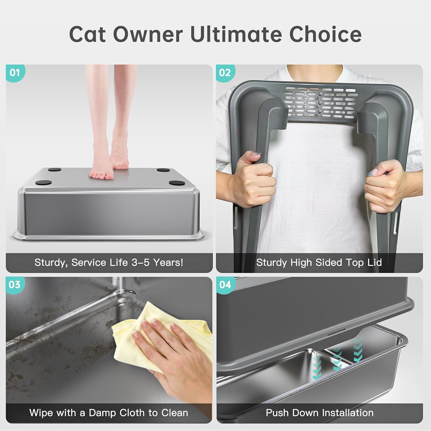 Enclosed Stainless Steel Cat Litter Box with Lid, XL Extra Large Litter Box for Big Cats, Metal Litter Pan High
