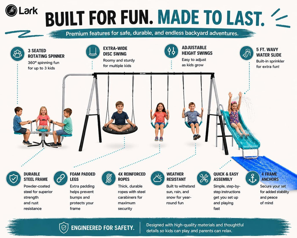 Water Slide Swing Set with 6 Ft Water Tarp, Disc Swing, 2 Sling Swings, 3-Seat Merry Go Round with Adjustable Heavy