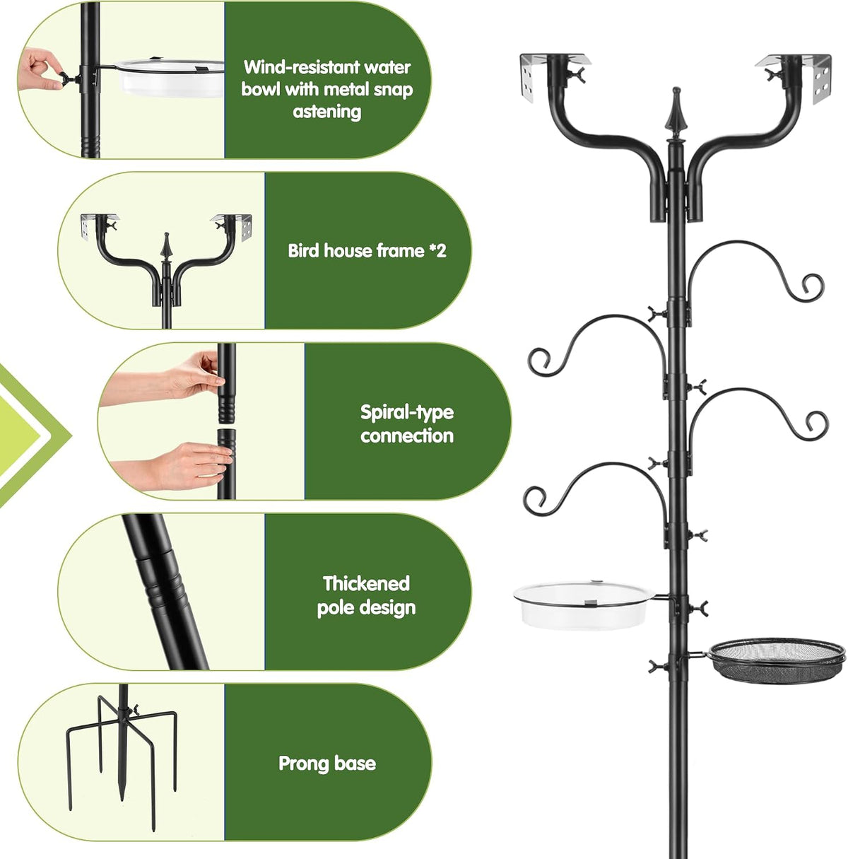 Upgraded Bird House Pole Heavy Duty Bird Feeder Pole Thickened Pole with 4 Hooks,Wind-Resistant Water Bowl,Mesh