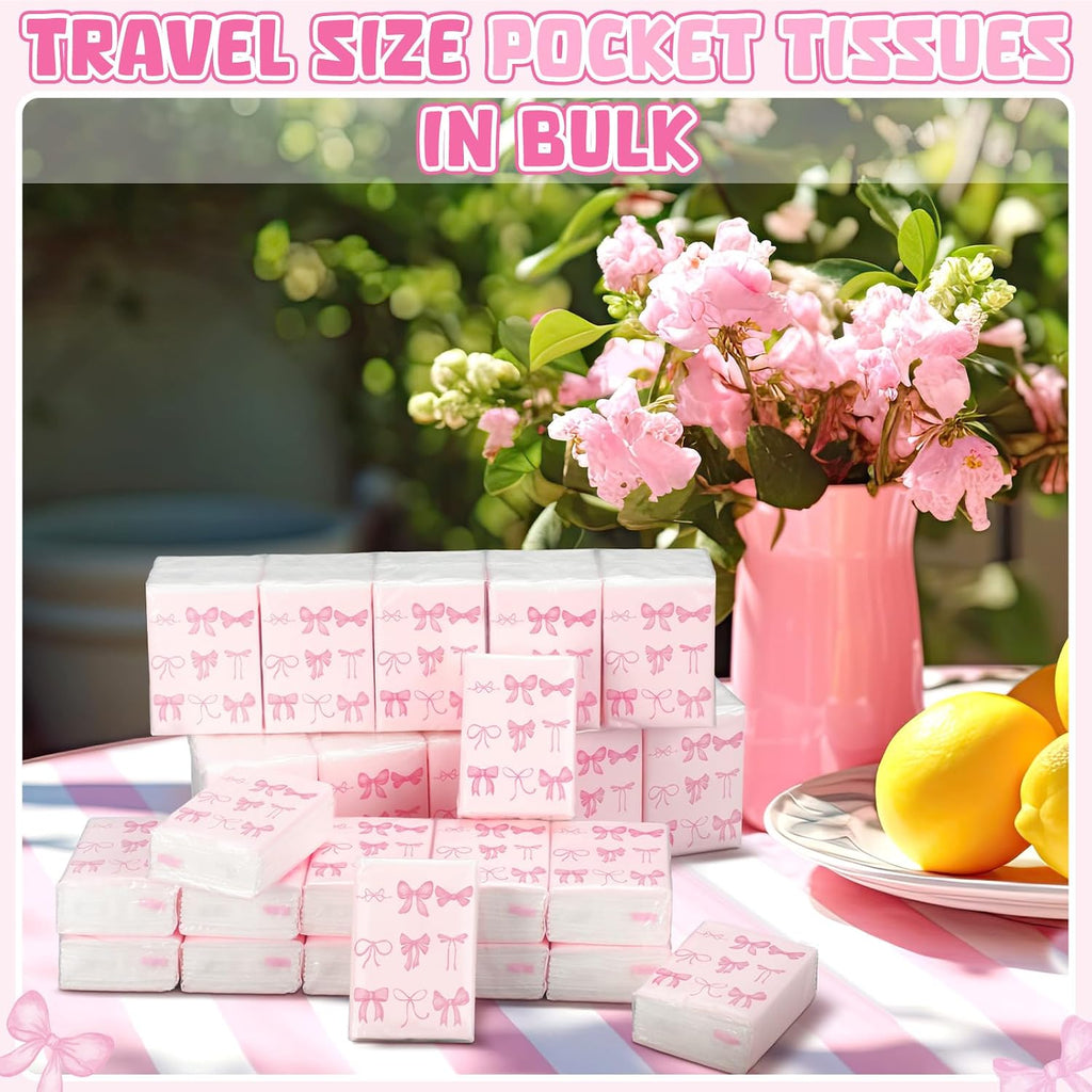 20 Pack Pink Bow Pocket Tissues Travel Packs Bulk Wedding Favor