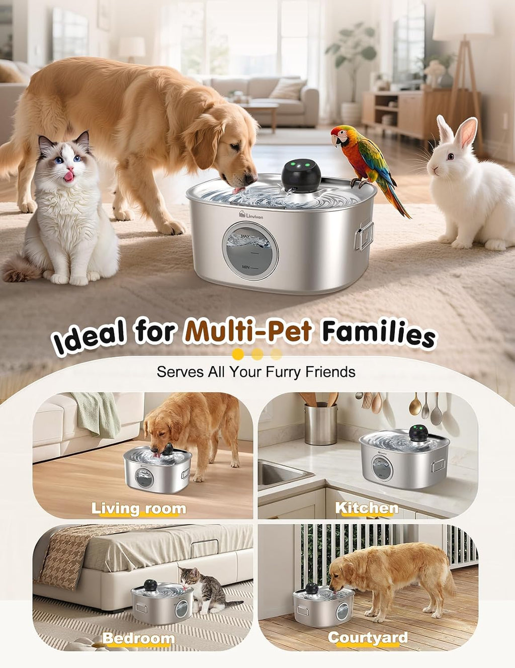 Stainless Steel Dog & Cat Water Fountain for Large Dogs and Cats