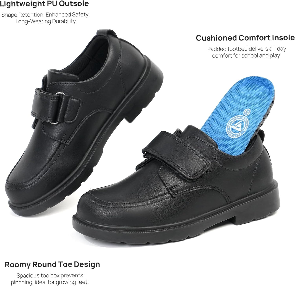 Boys School Uniform Shoes Lightweight Kids Formal Dress Shoes Slip-On Loafers with Hook and Loop Strap