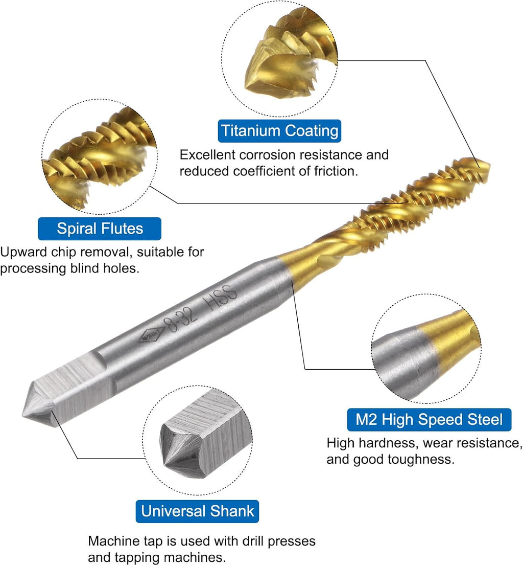 uxcell 2pcs Spiral Flute Thread Taps, 8-32 UNC H2 Screw Threading Tap, Titanium Coated 6542 High Speed Steel Machine Tapping Tools for Machinist Repair