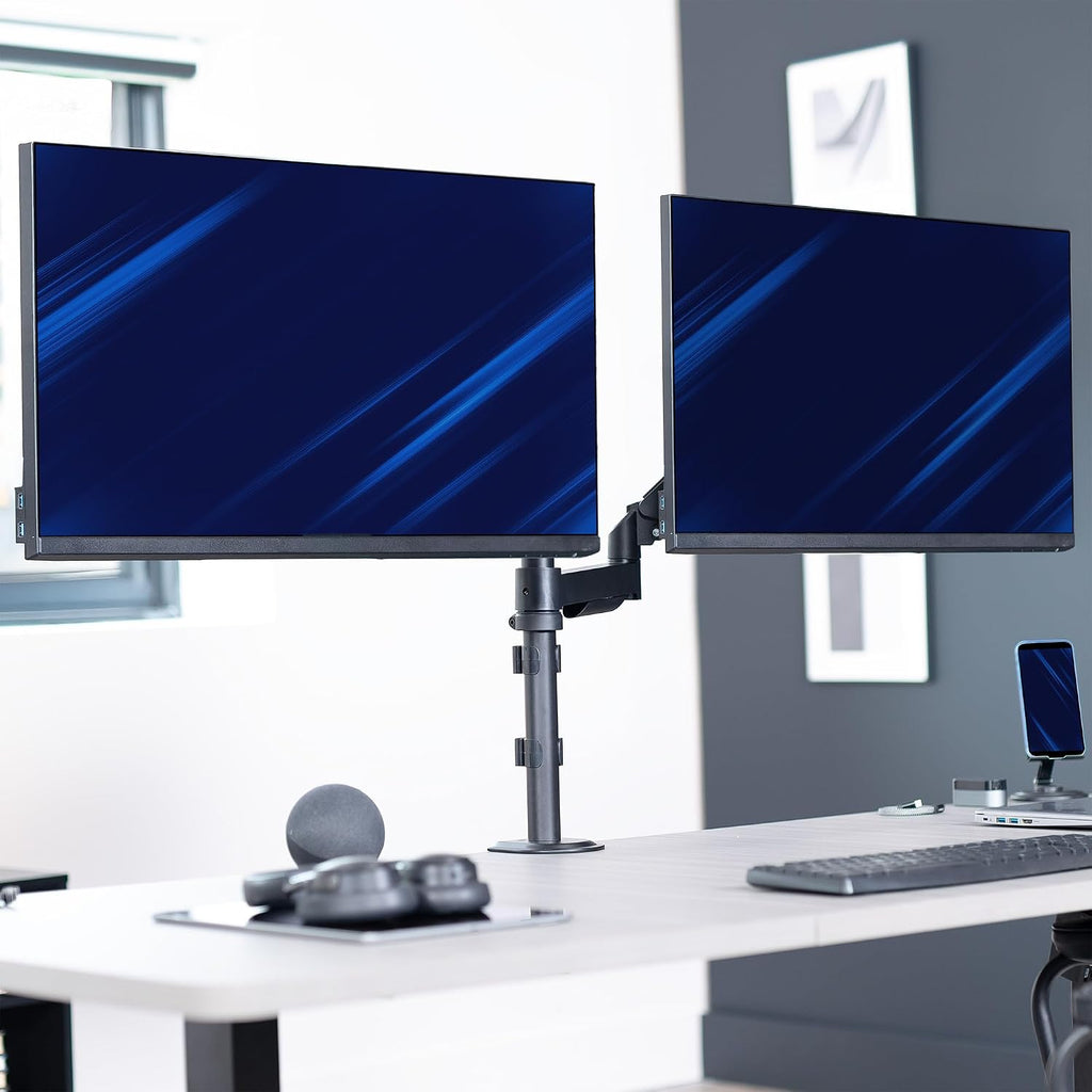 17 to 32 inch Dual Mechanical Monitor Mount, 2 Tension Spring Arms, Adjustable Swivel, Rotation, Heavy Duty VESA Desk