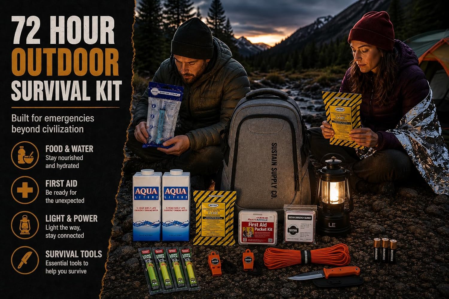 Sustain Supply 70490, 2-Person Premium 72-Hour Emergency Survival Kit – Complete Disaster Preparedness Bag w/Food