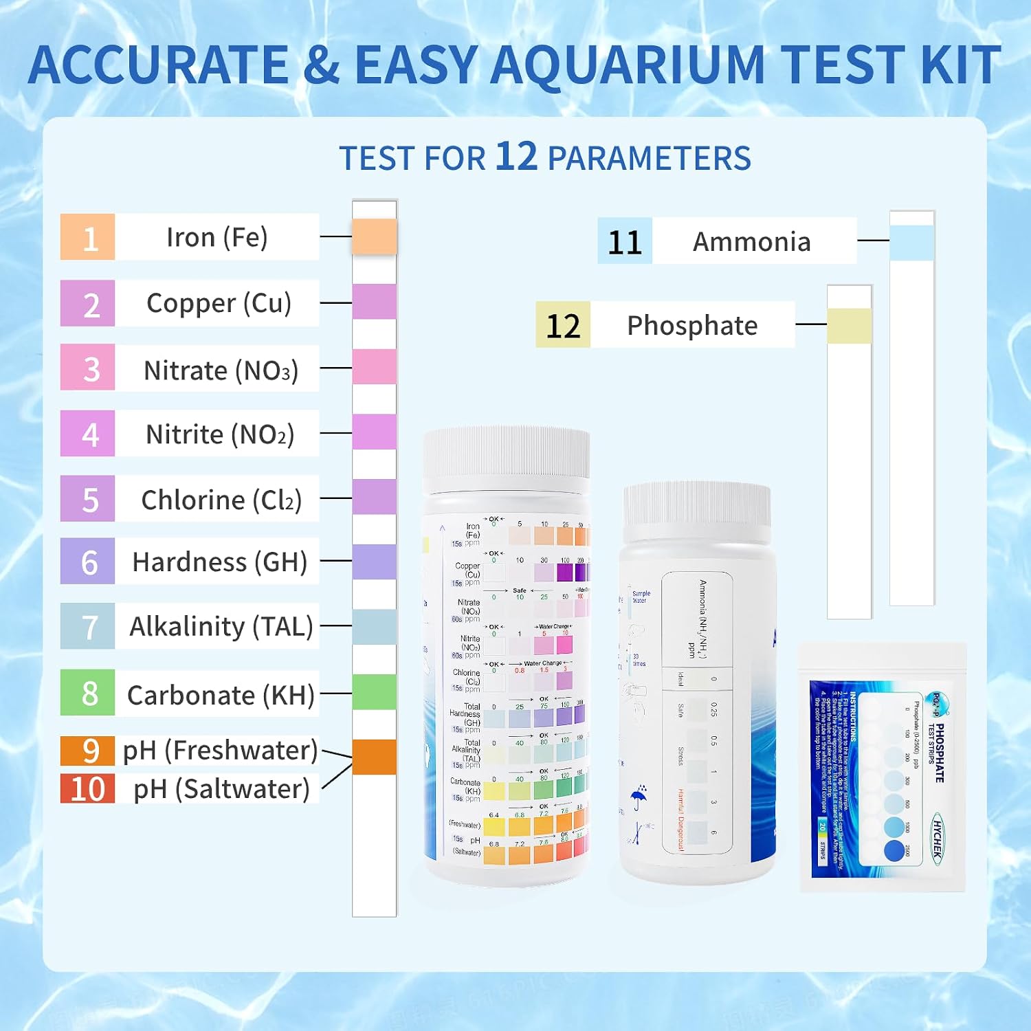 12 in 1 Accurate Aquarium Test Kit, Fresh and Salt Water Test Strips | 170 Strips, Fish Tank Aquariums Water Test
