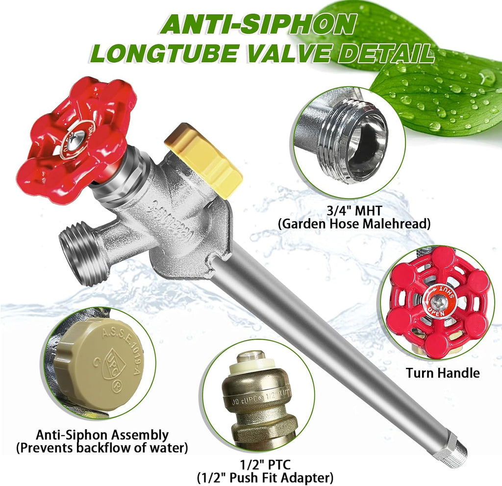 12 Inch Anti-Siphon Frost Free Sillcock Valve Multiturn 1/2 Inch NPT, 3/4 Inch Hose Bibb, Brass Body,Brass Valve 12