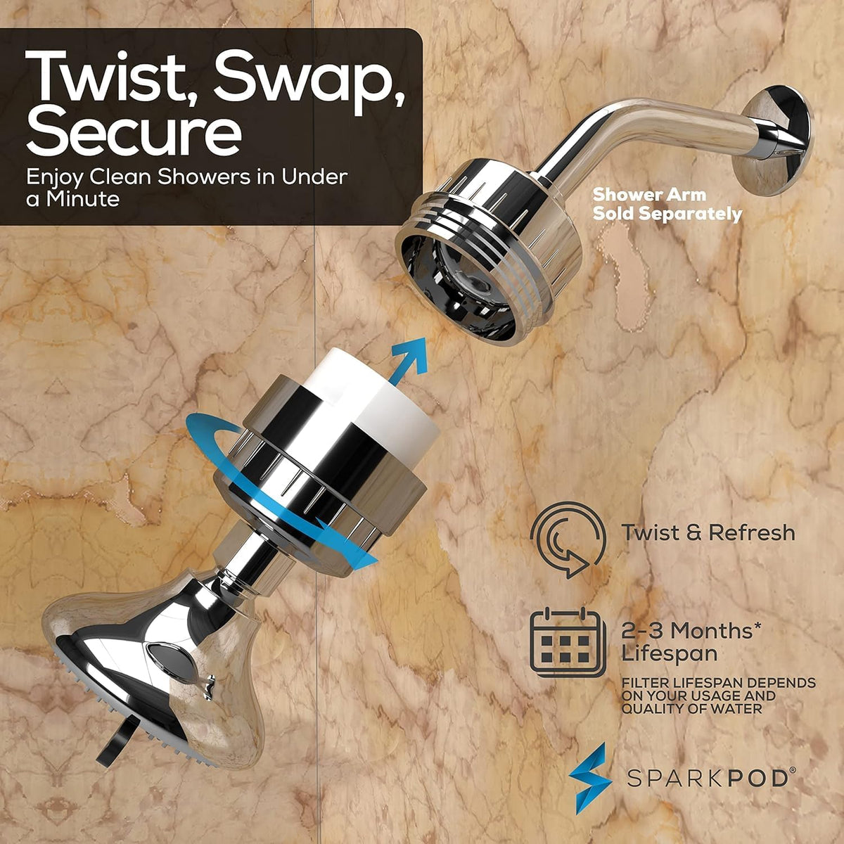 Replacement Shower Filter for Filtered Showerhead, Hard Water