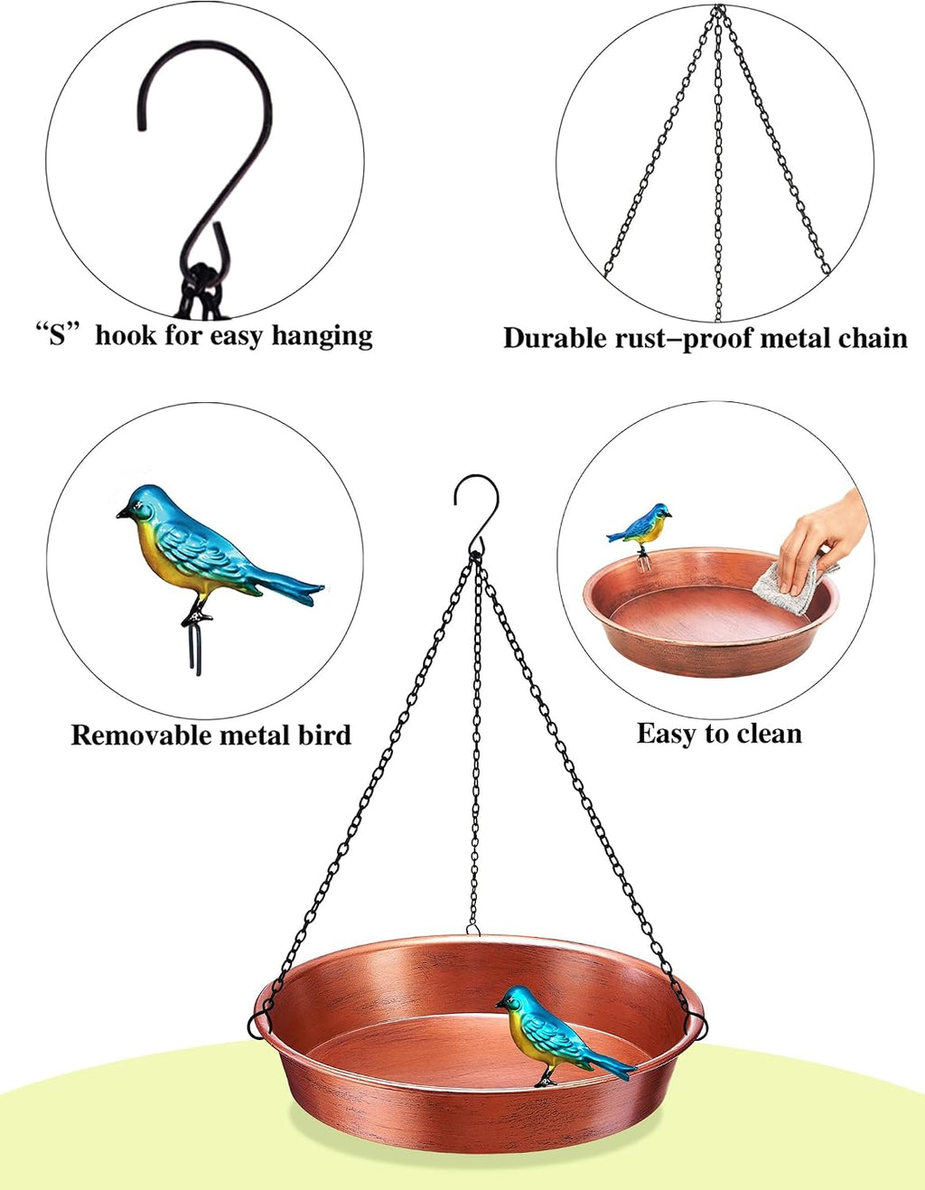 Hanging Bird Bath Outdoor 11.5" Antique Copper Metal Birdbath & Feeder Bowl