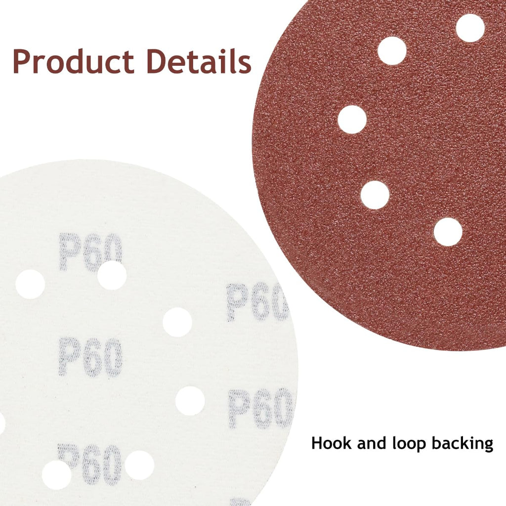 50 PCS 5 Inch 8 Hole Hook and Loop Sanding Discs 60 Grit