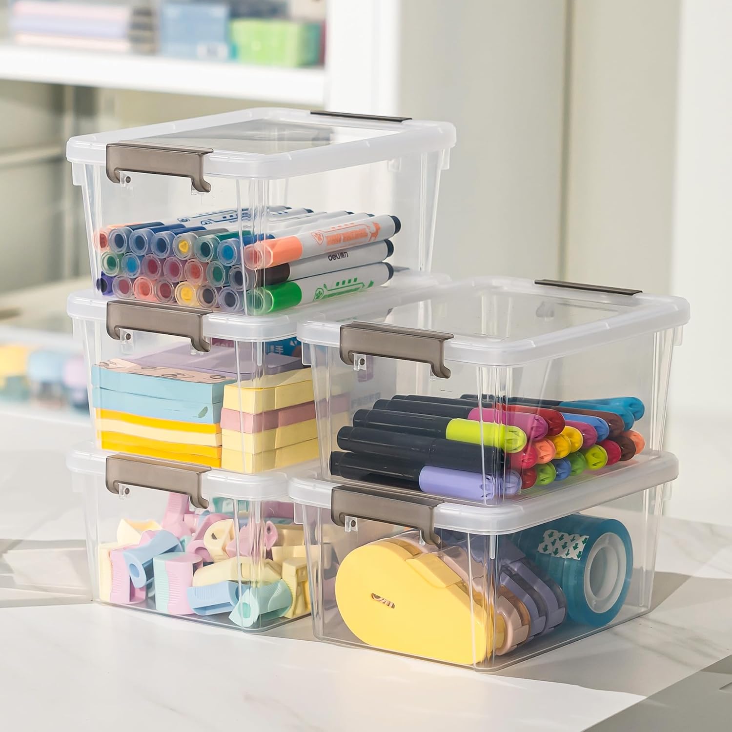 Small Storage Bins with Lids 1.3 QT Plastic Storage Container Stackable Box with Lids for Organizing, Clear White（8