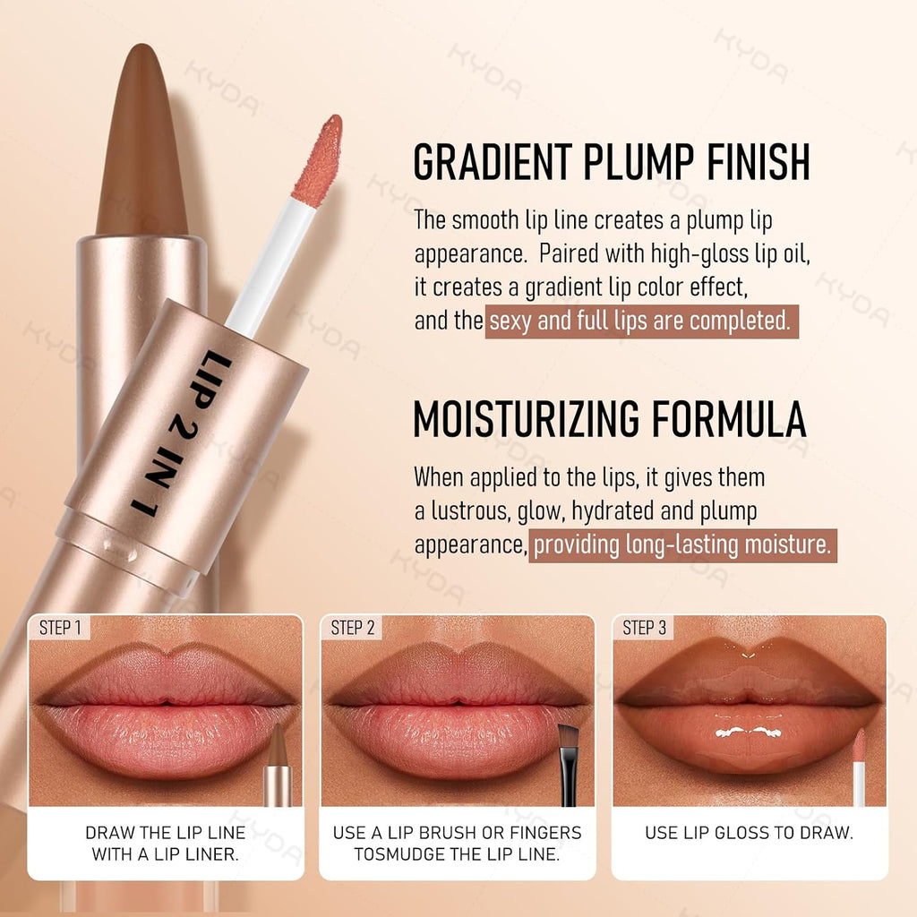 2Colors Dual-Ended Brown Lip Liner Lip Gloss Set, Nude Ombre Lipstick