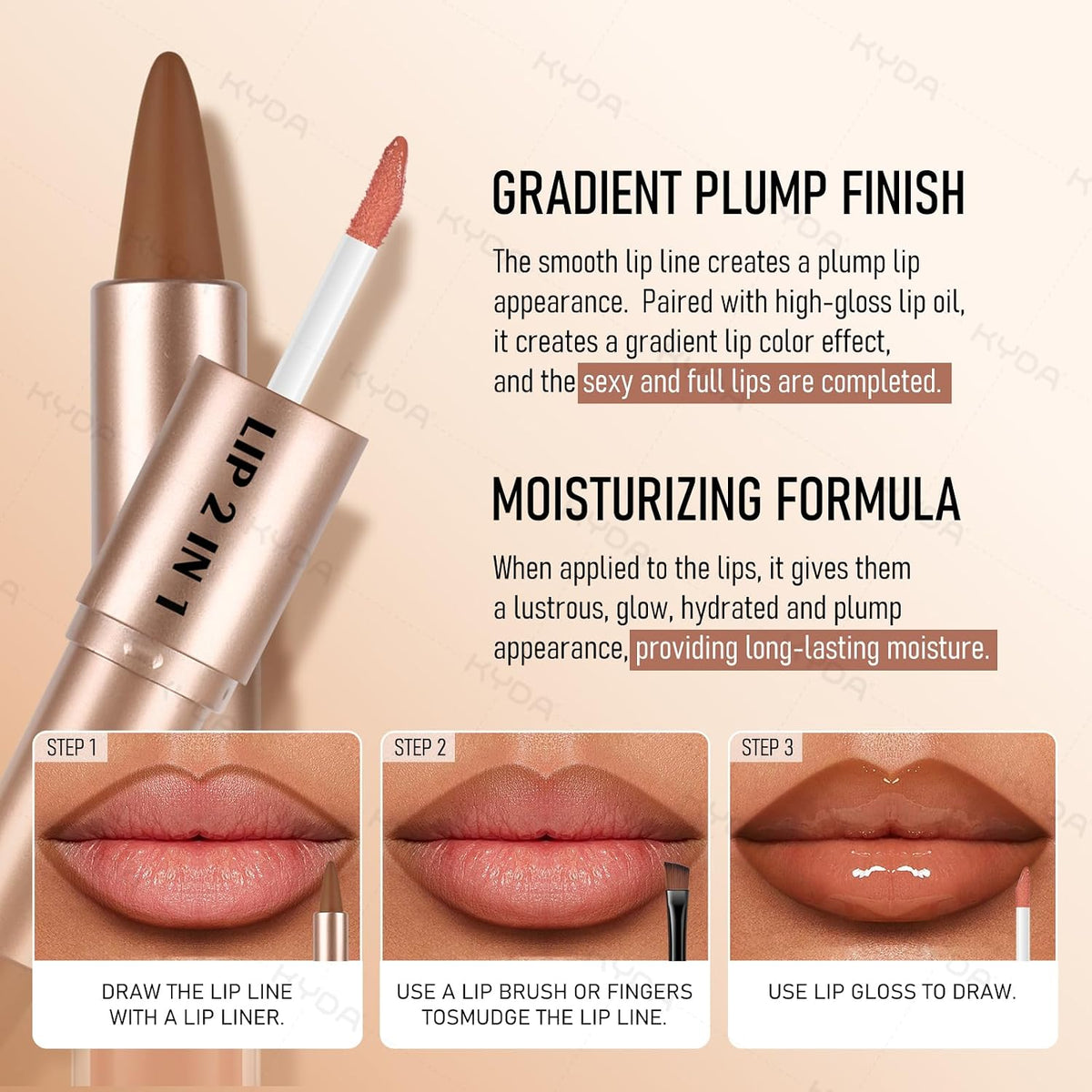 2Colors Dual-Ended Brown Lip Liner Lip Gloss Set, Nude Ombre Lipstick