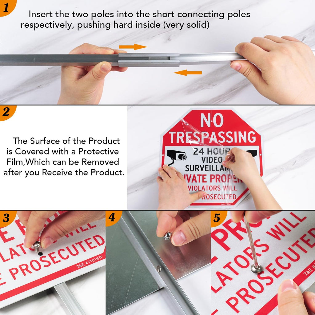 Large No Trespassing Private Property Sign Video Surveillance Sign with 36" Stake for Outside - 2 Pack - 12"x12" .040