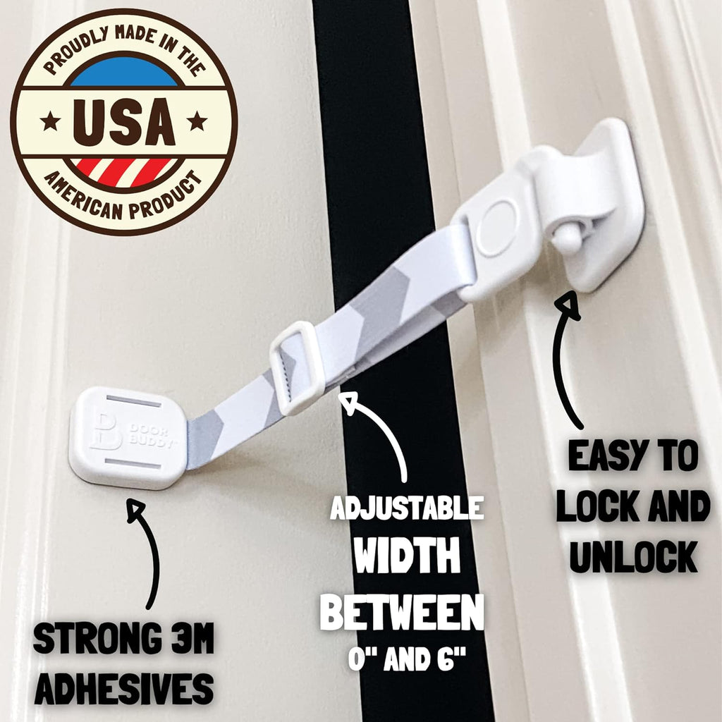 Baby & Cat Door Latch - Grey. Adjustable Strap Keeps Kids Out of Cat Areas. Simple Child Safety Lock for Doors. The