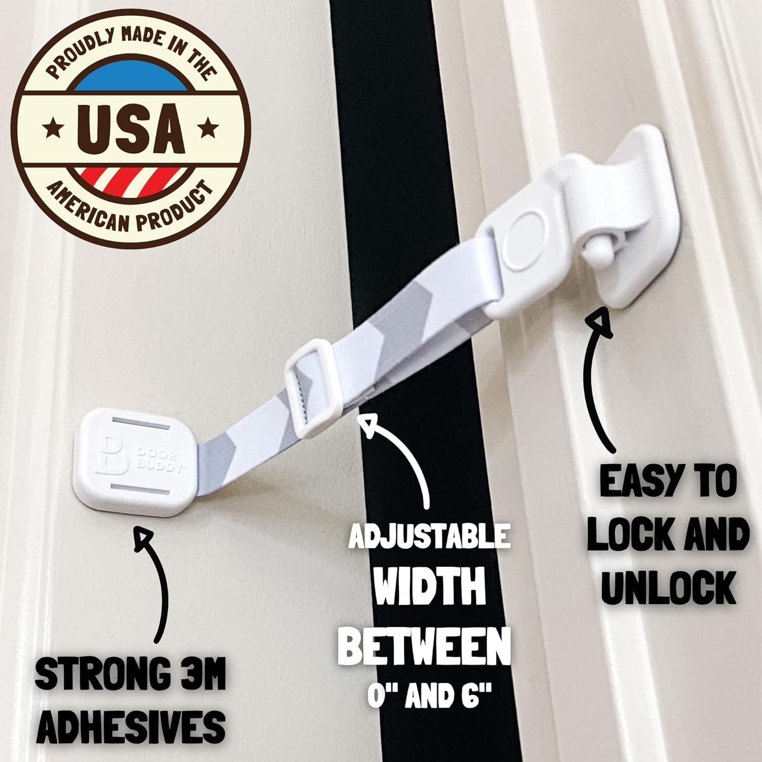 Baby & Cat Door Latch - Grey. Adjustable Strap Keeps Kids Out of Cat Areas. Simple Child Safety Lock for Doors. The