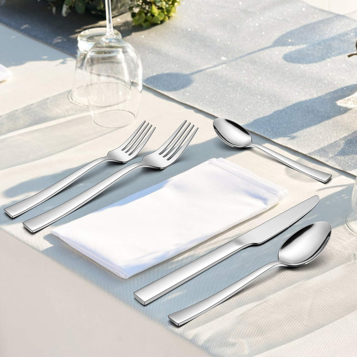 60-Piece Silverware Set with Organizer Tray, Stainless Steel Square Flatware Cutlery Set for 12, Tableware Eating
