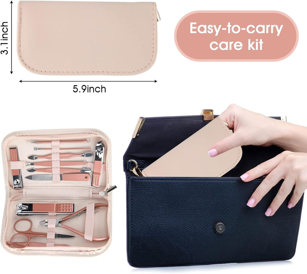 Nail Clippers & Beauty Tool Portable Set, Rose Gold Manicure Set, 12 in 1. | Martensitic Stainless Steel, Pink