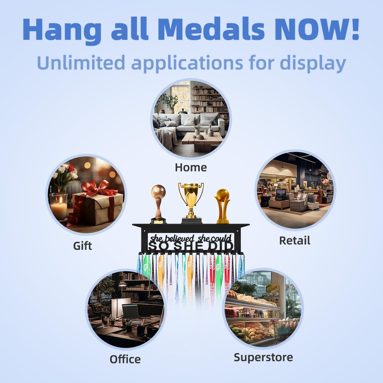 Medal Hanger - Ribbon Holder & Display Frame for Medals & Awards - Wall Mounted Metal Trophy Rack - Easy to Install