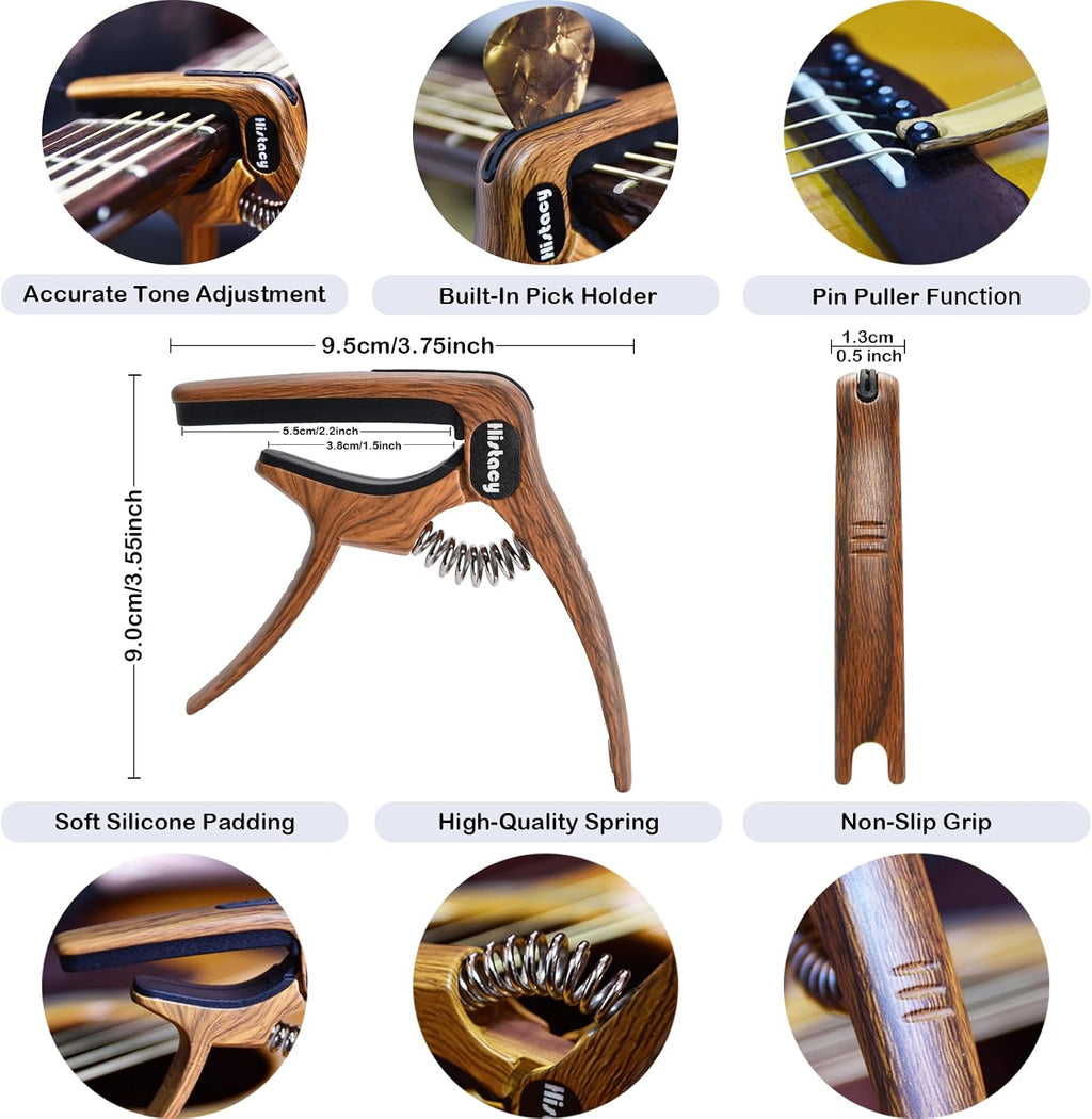 Guitar Accessories Kit: Wooden Stand, Strap, Clip-On Tuner, 3-in-1 Capo, 30 Picks for Acoustic, Electric Guitar, Bass