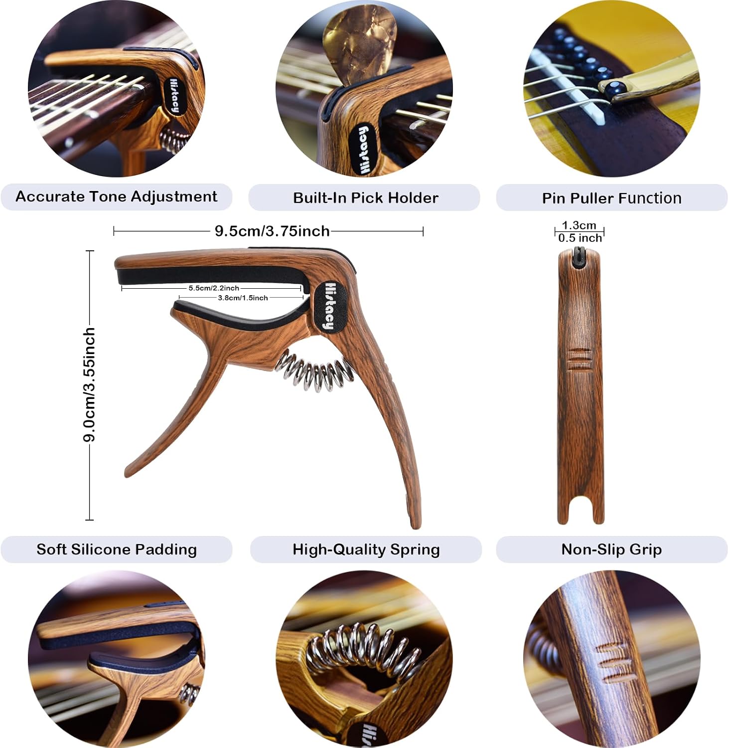 Guitar Accessories Kit: Wooden Stand, Strap, Clip-On Tuner, 3-in-1 Capo, 30 Picks for Acoustic, Electric Guitar, Bass