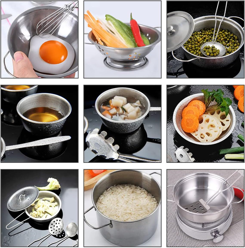 Kids Kitchen Pretend Play Toys, Cooking Toys Play Pots and Pans Set for Kids, 21pcs Small Stainless Steel Kitchen
