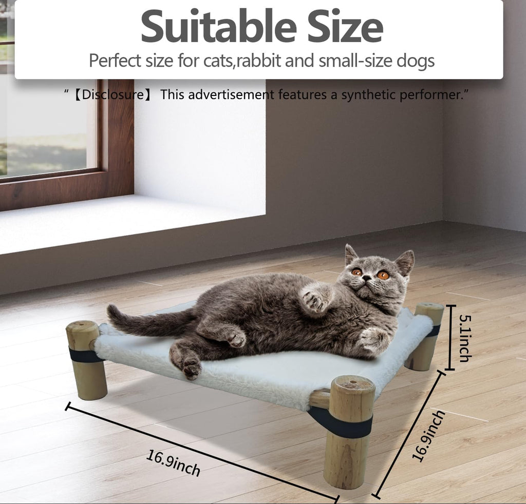 Cat Hammock Bed – Wooden Elevated Cat/Dog Bed with Plush Winter Fabric – Raised Pet Cot Furniture for Small Dogs