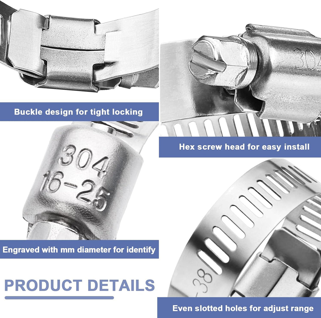 Hose Clamp- Qibaok 120 PCS Stainless Steel Hose Clamps Assortment Kit | 1/4''–1-1/2'' Worm Gear Clamps for Fuel Line