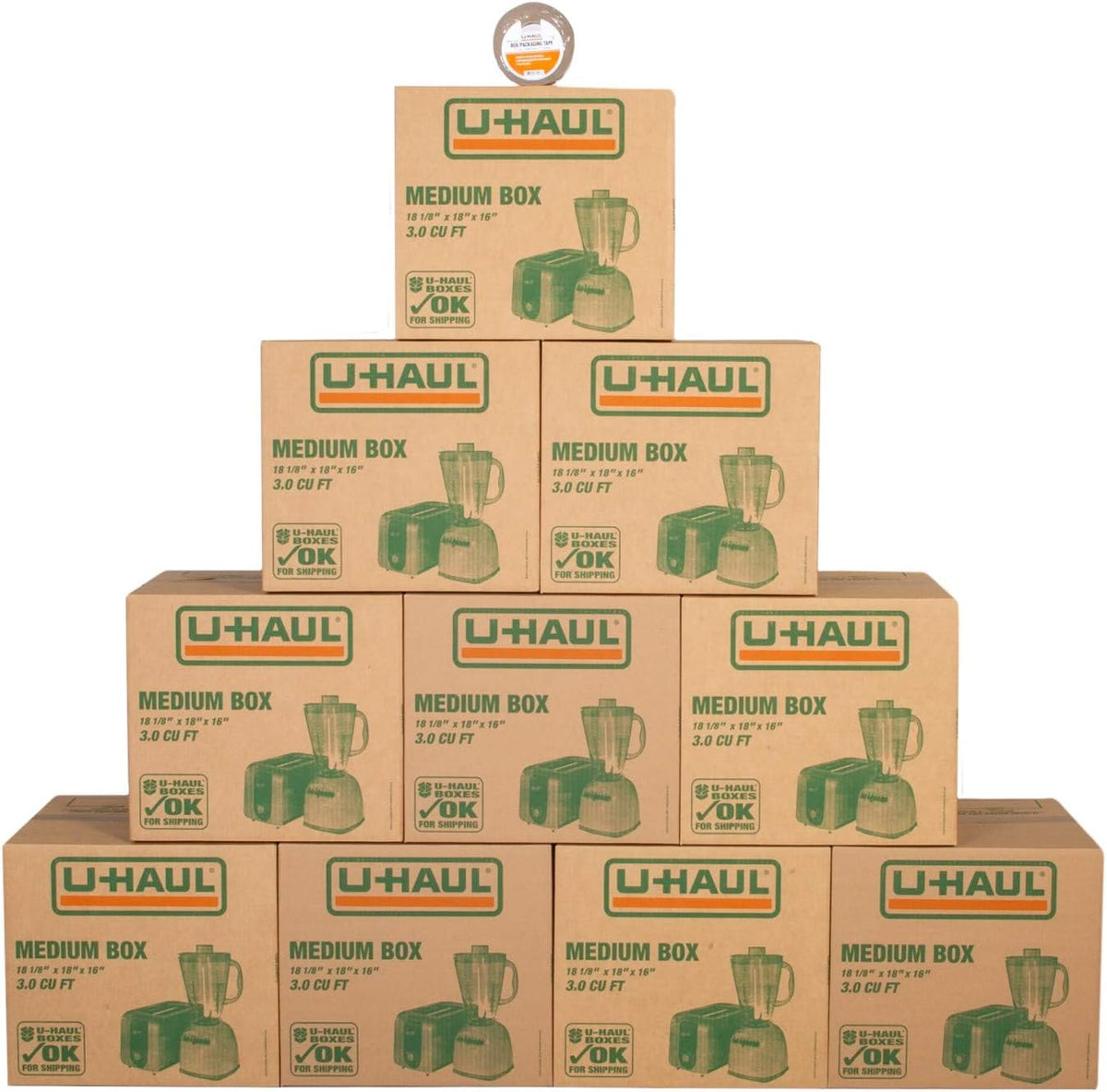 Medium Moving Boxes - Pack of 10 Boxes with Handles - 18” x 18 1/8” x 16”- Bonus Roll of Tape Included