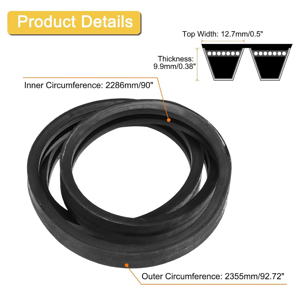 uxcell 2/B90 Classic Wrapped 2 Banded 93" Outer Circ B Profile V-Belt