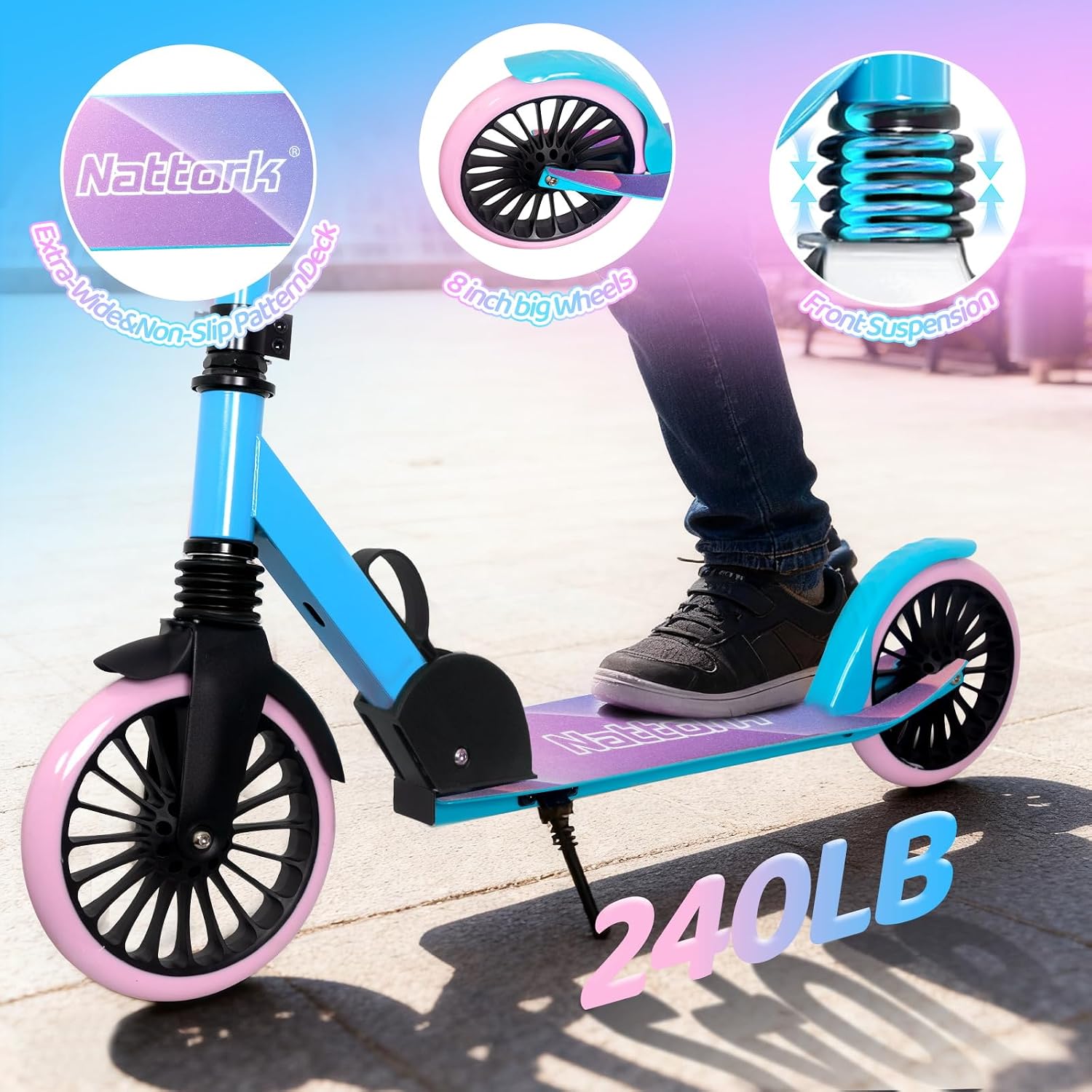 Kick Scooter for Age 6+ Kids Teens Adults, Max Load 240 LBS, Adjustable Height Foldable with 8" Large Wheels