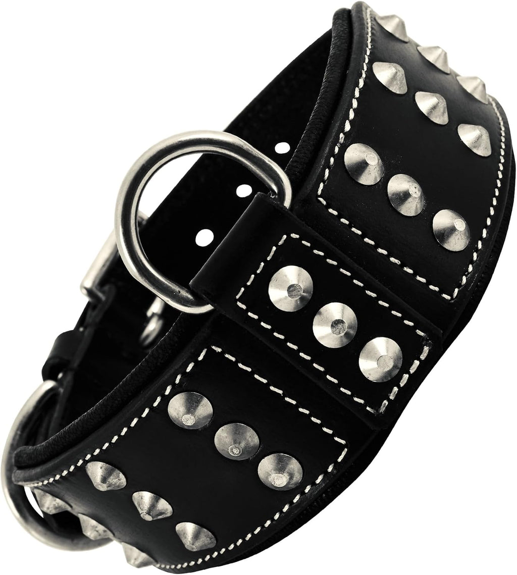 Genuine Leather Studded Dog Collar for Medium Dog, Cushion Padding, Black