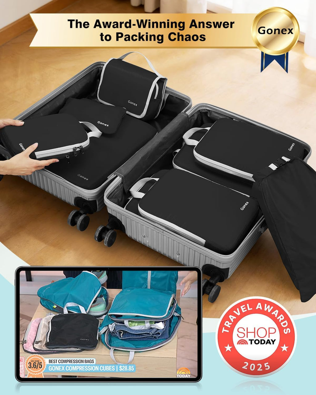 10-Piece Compression Packing Cubes with Travel Organizer Set | Expandable Design, Hanging Toiletry Bag, Laundry Bag
