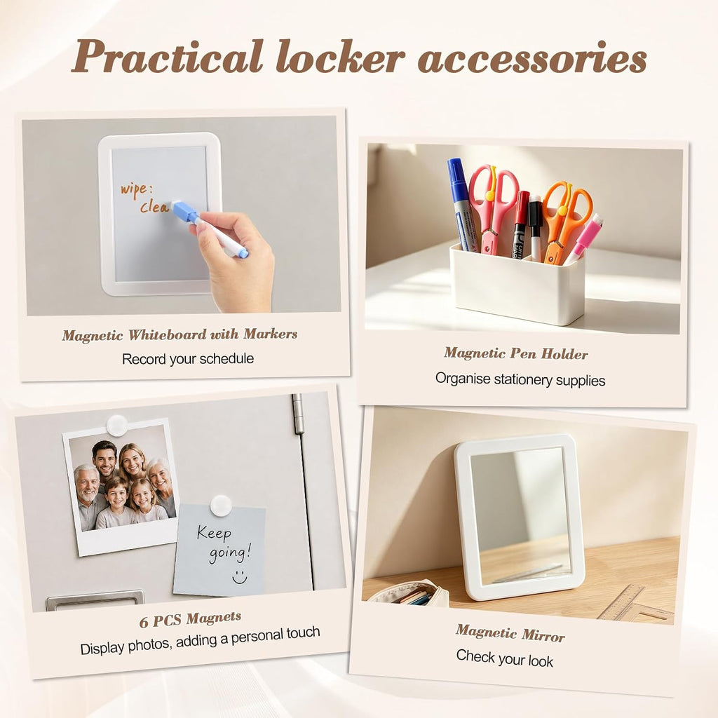 Locker Accessories Kit, Locker Organizer Kit with Locker shelf, Magnetic Mirror and Whiteboard, Pen Holder, Magnets
