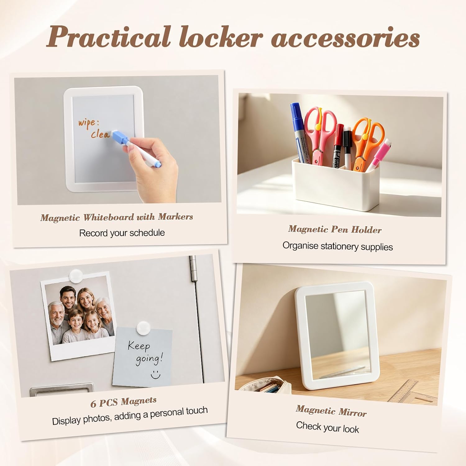 Locker Accessories Kit, Locker Organizer Kit with Locker shelf, Magnetic Mirror and Whiteboard, Pen Holder, Magnets