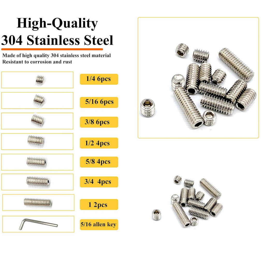 32pcs 5/16-18 7 Sizes Hex Socket Set Screws Assortment Kit, 304 Stainless Steel Cup Point Grub Screw for Bathroom Fixtures Door Handles Stripper Pole Rack Screws Precision Instrument ETS