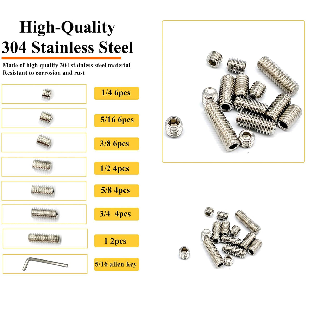 32pcs 5/16-18 7 Sizes Hex Socket Set Screws Assortment Kit, 304 Stainless Steel Cup Point Grub Screw for Bathroom Fixtures Door Handles Stripper Pole Rack Screws Precision Instrument ETS