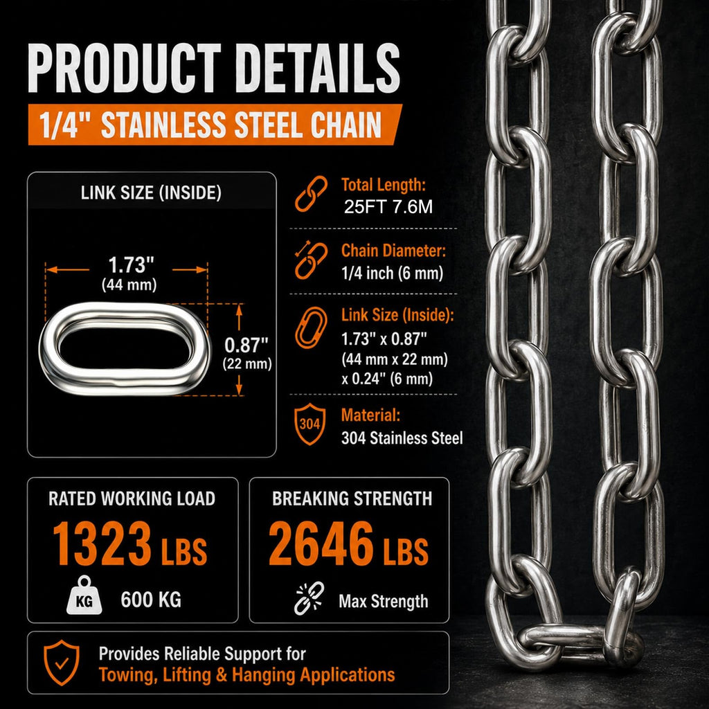 ElaraBerry 1/4 Inch x 25 ft 304 Stainless Steel Welded Link Chain