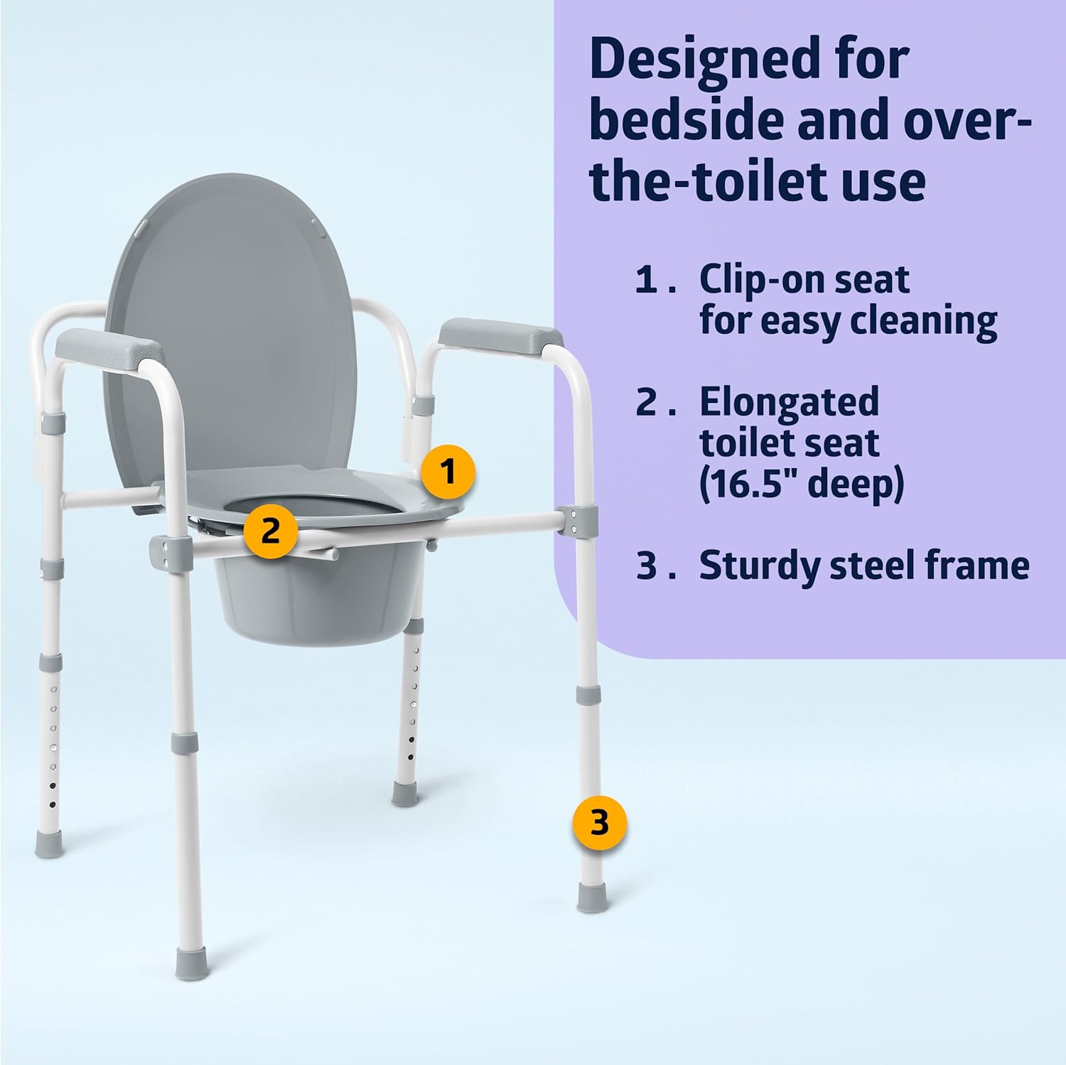 3-in-1 Elongated Bedside Commode, Portable Toilet, Sturdy, 16" to 22" Seat Height, 16.5" Seat, 7.5 Qt. Bucket
